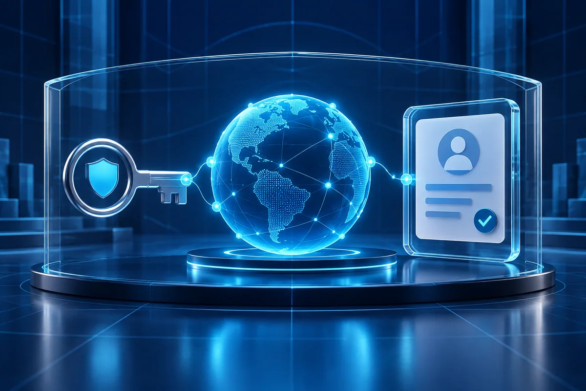 A protected domain globe connected to an ownership key and account card