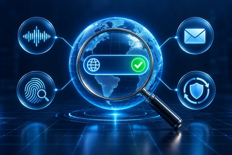 A domain globe being checked for speech, email, brand and renewal risks