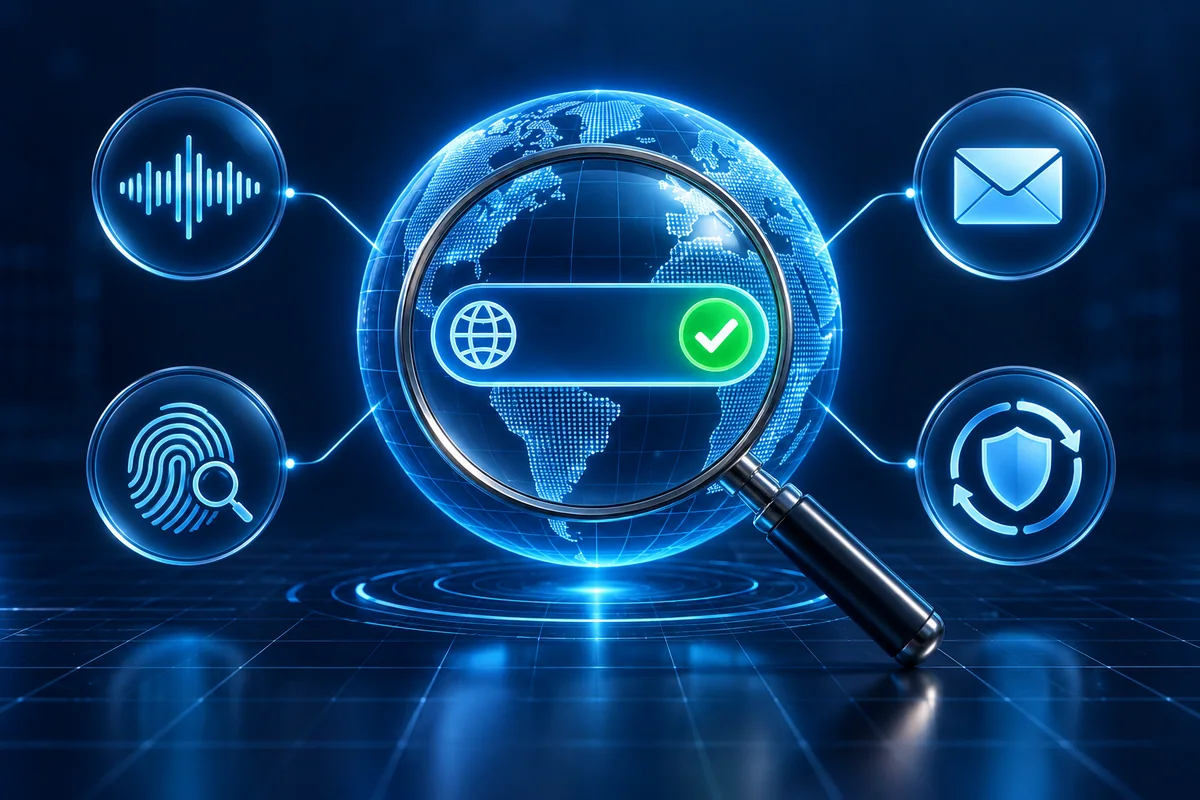 A domain globe being checked for speech, email, brand and renewal risks