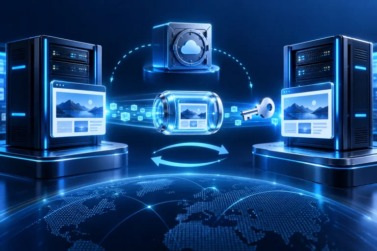 A protected website package moving safely between two hosting servers
