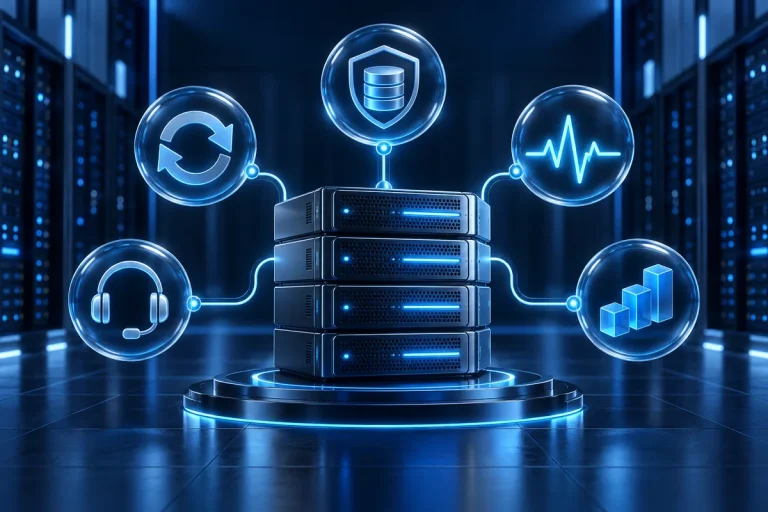 A server system connected to update, backup, monitoring, support and scaling controls