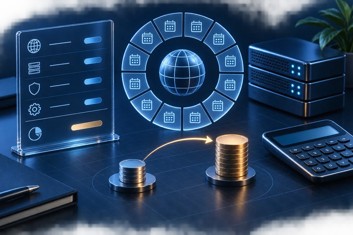 A twelve-month planning ring, cost ledger, calculator and hosting servers